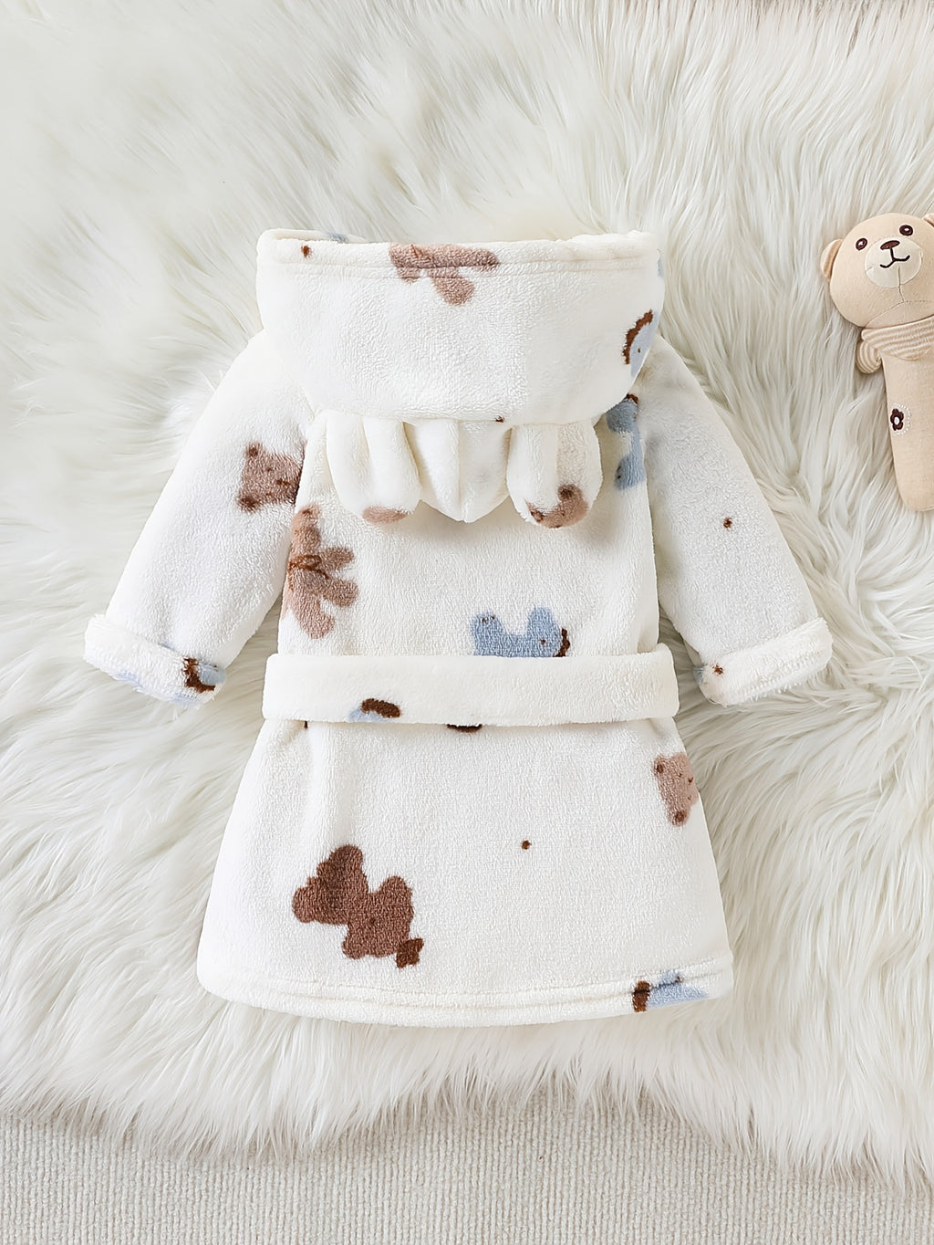 Baby cream long hooded fluffy fleece dressing gown