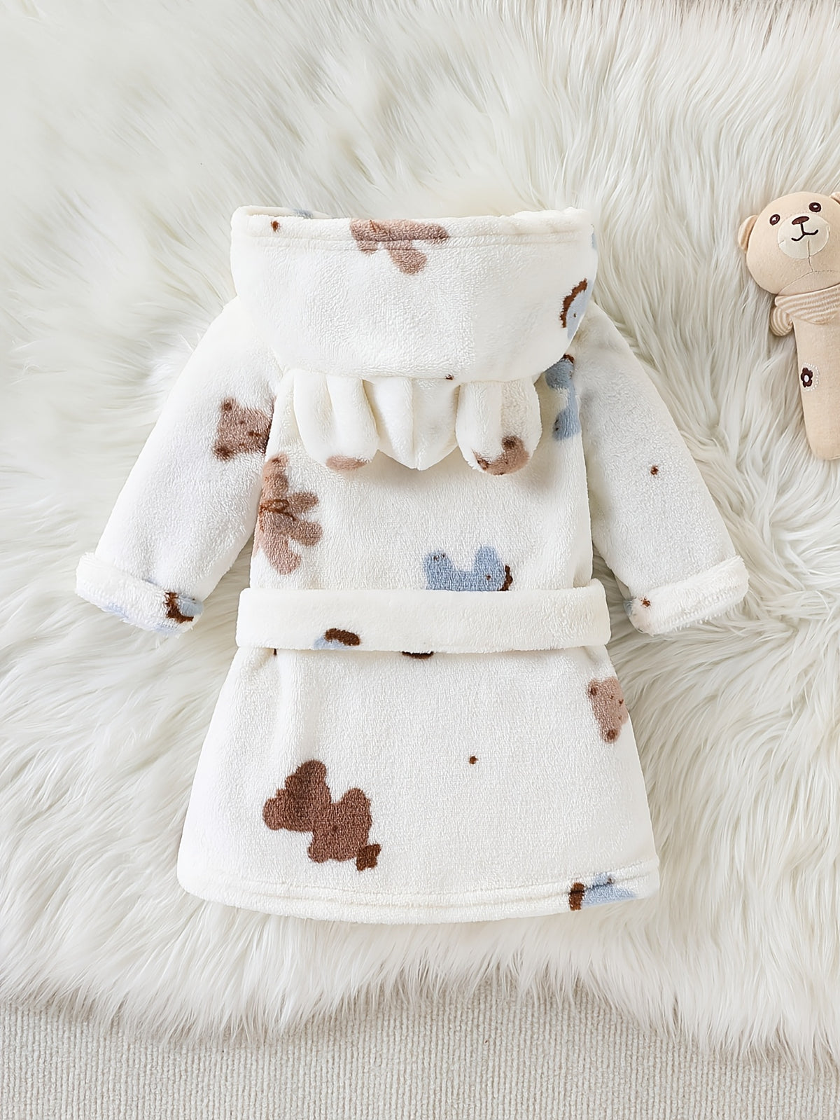 Baby cream long hooded fluffy fleece dressing gown