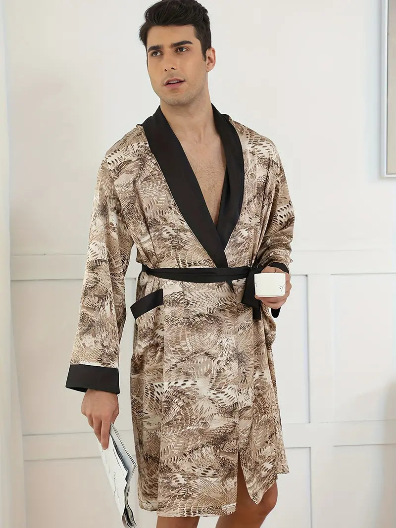 Men's short snake print kimono robe, plus size — Beige
