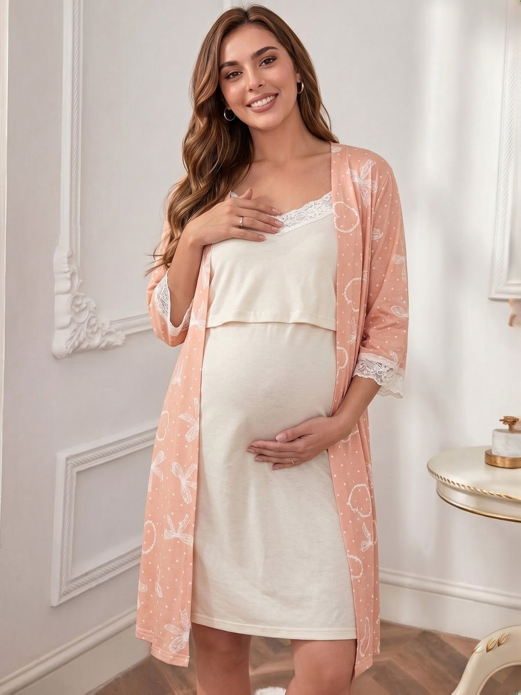 Women's maternity lace dressing gown and nightdress set