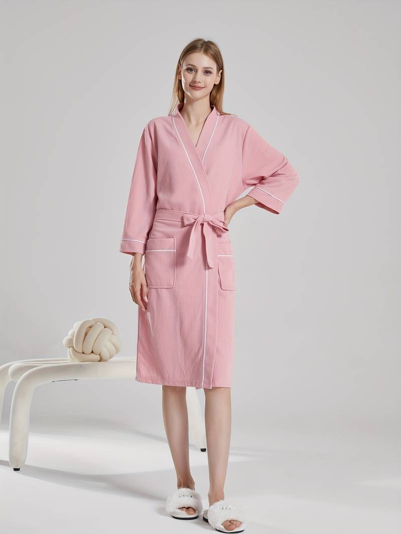 Women's long waffle cotton bathrobe