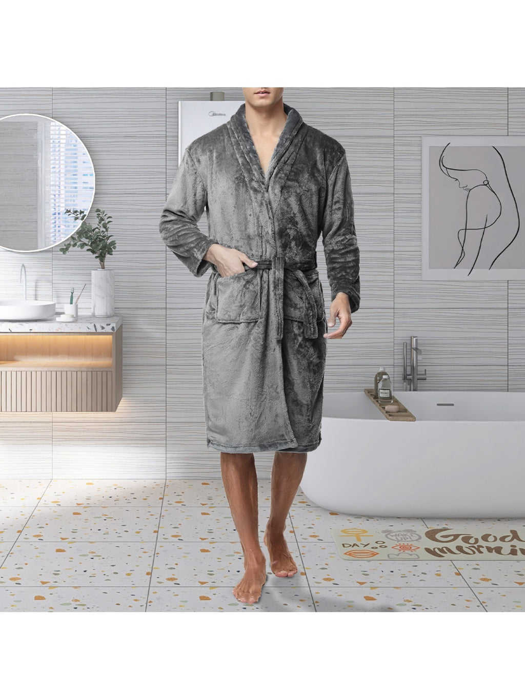 Unisex grey long towelling bathrobe