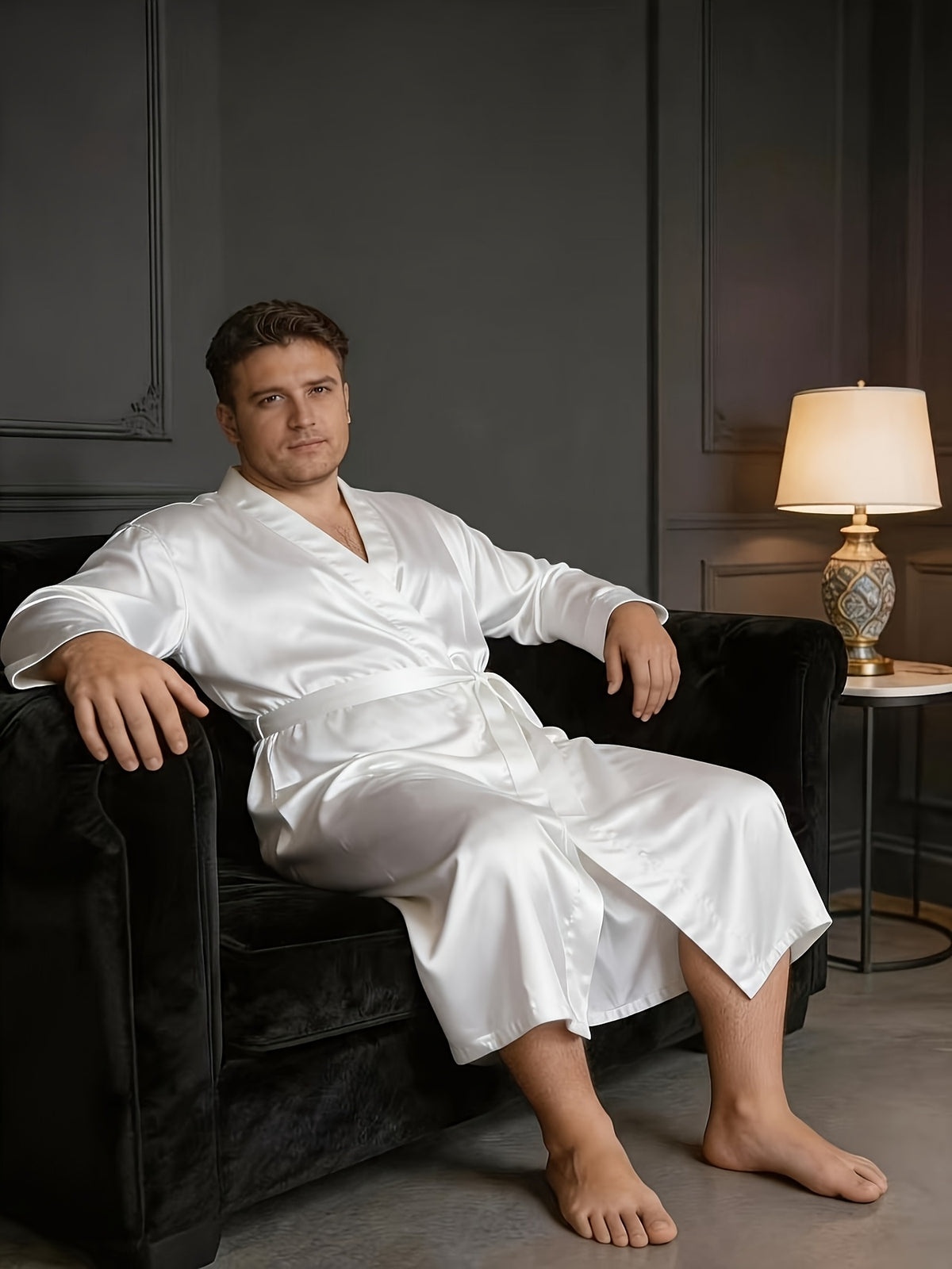 Men's white satin dressing gown