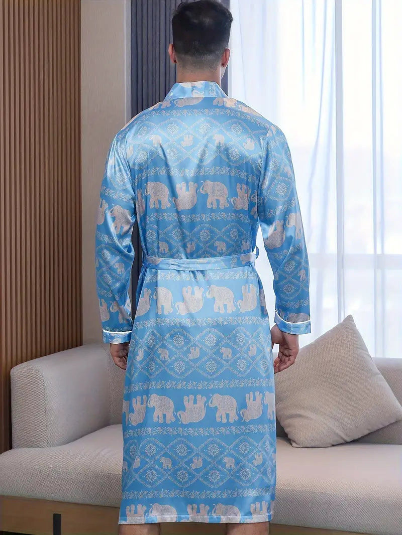Men's long blue satin kimono robe, plus size