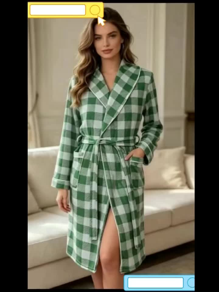 Women's green checked waffle bathrobe