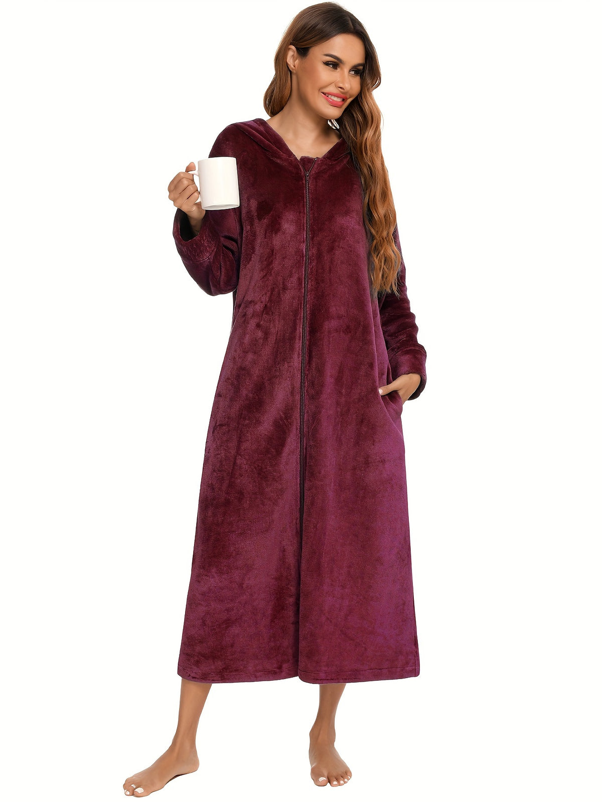 Women's hooded flannel zip-up dressing gown