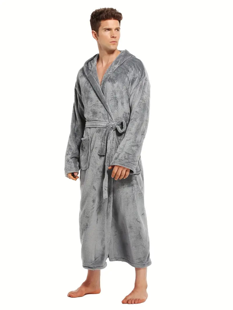 Men's comfortable hooded fleece bathrobe