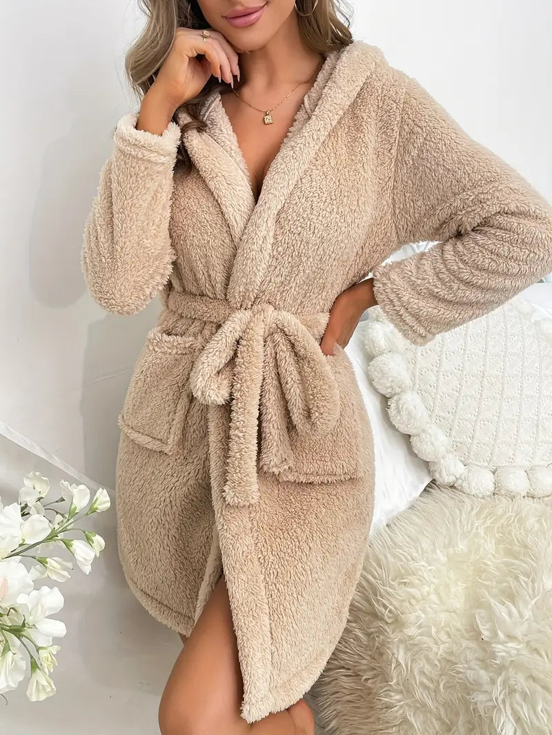 Women's warm hooded fleece dressing gown, beige