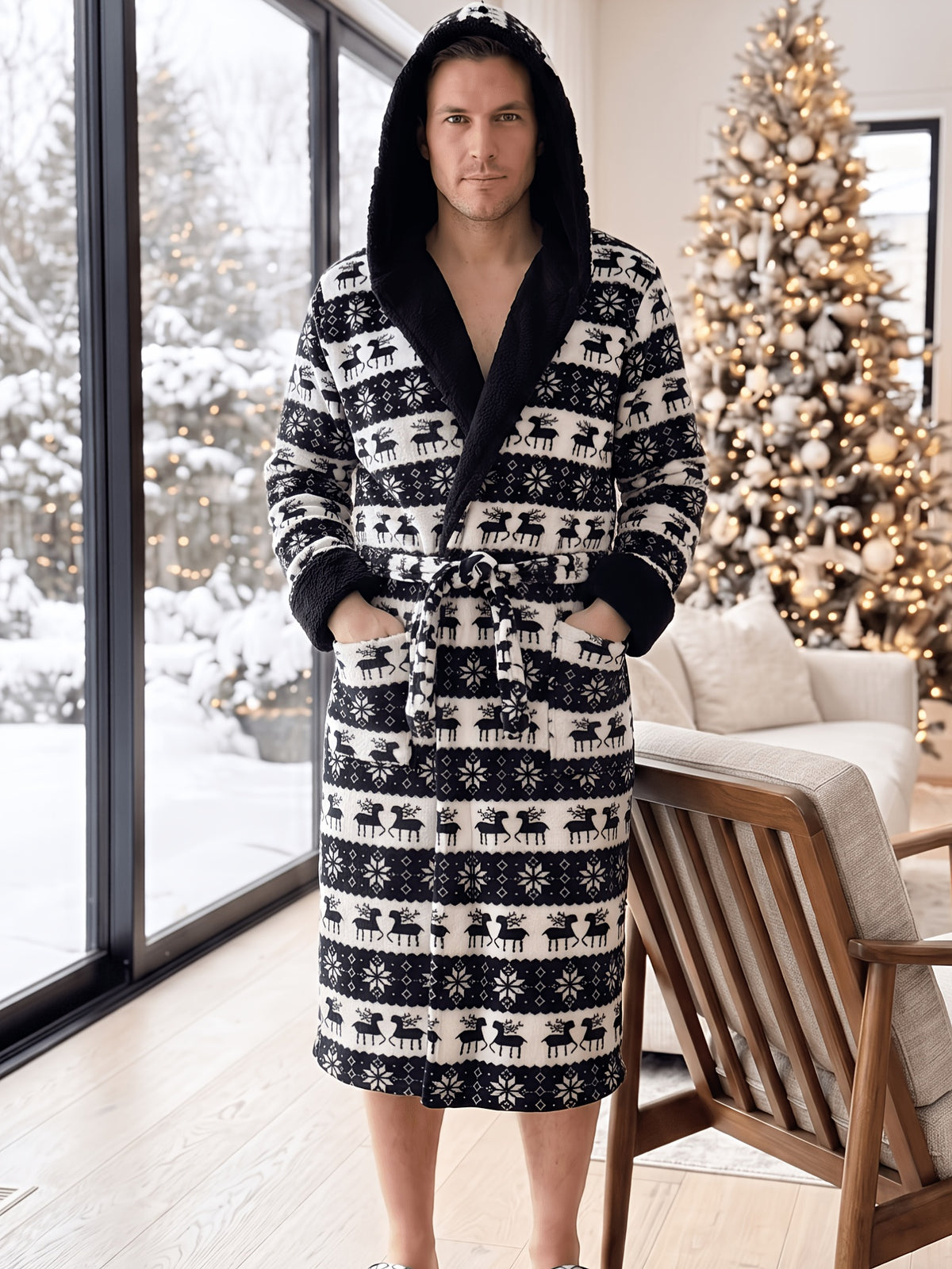 Men's black Fair Isle hooded Christmas dressing gown