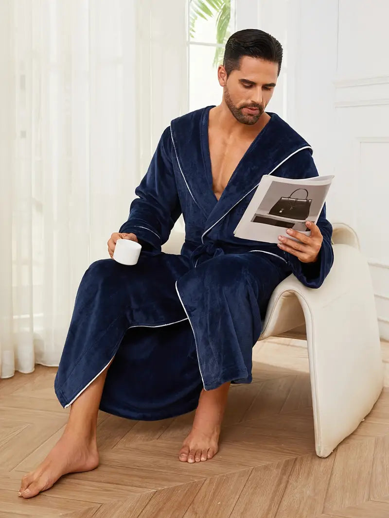 Men's luxury long hooded fleece dressing gown — Blue