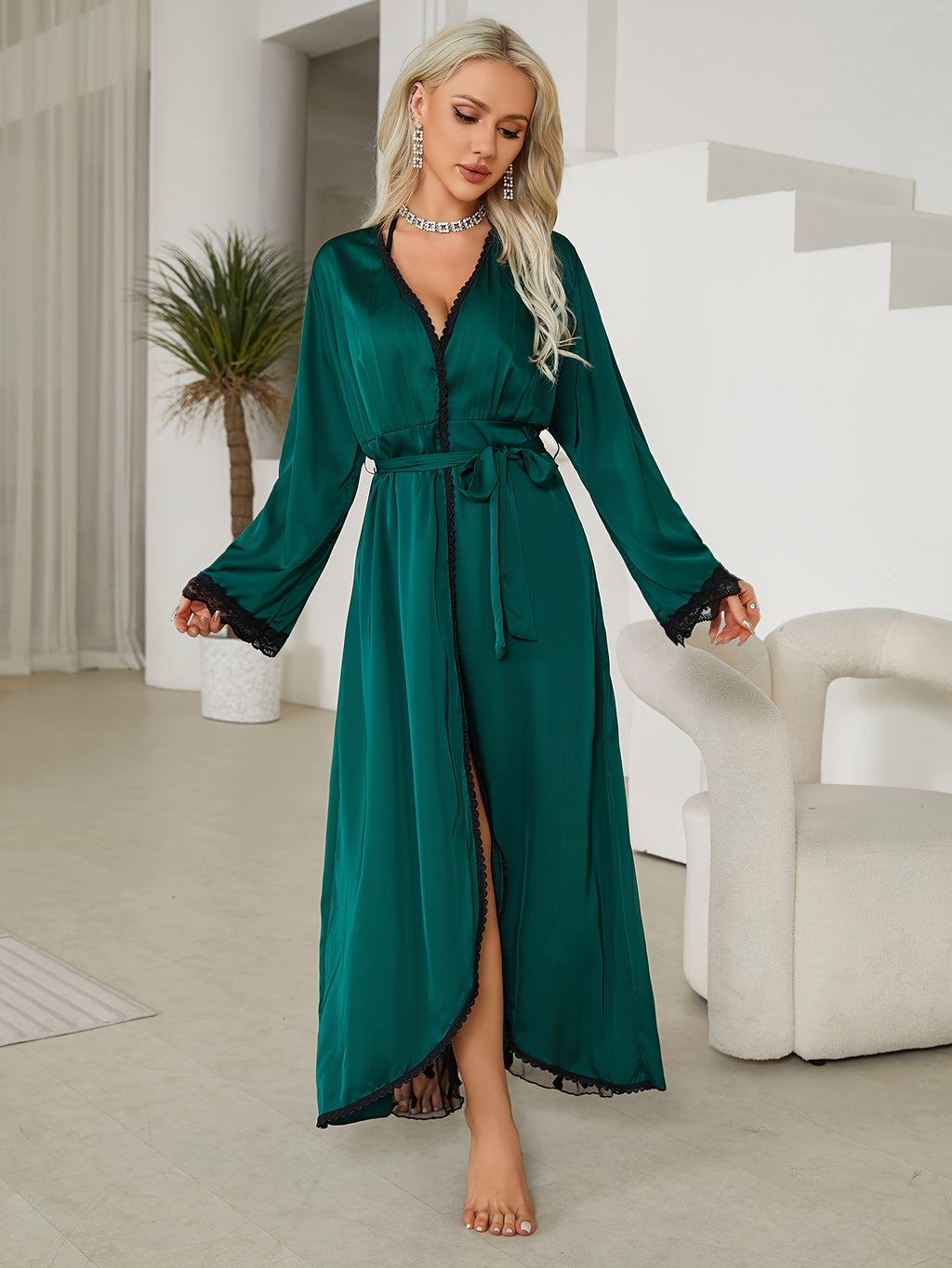 Women's dark green mesh lace dressing gown
