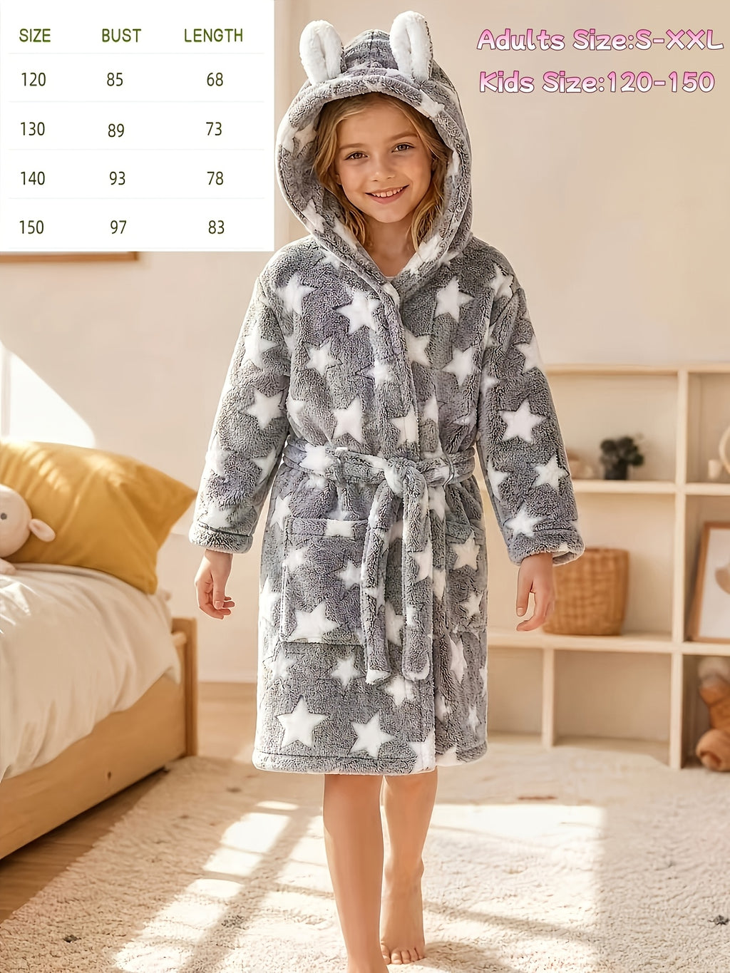 Girls' grey heart print hooded fleece dressing gown