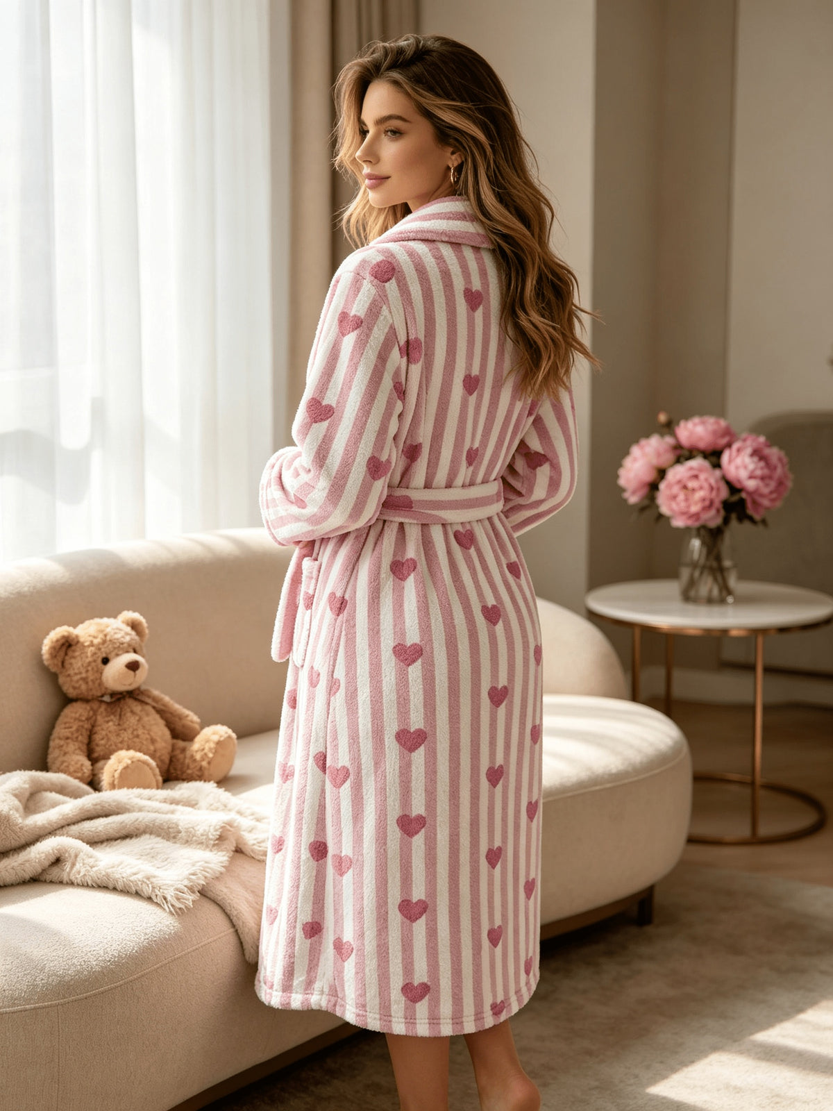 Women's pink heart print flannel dressing gown
