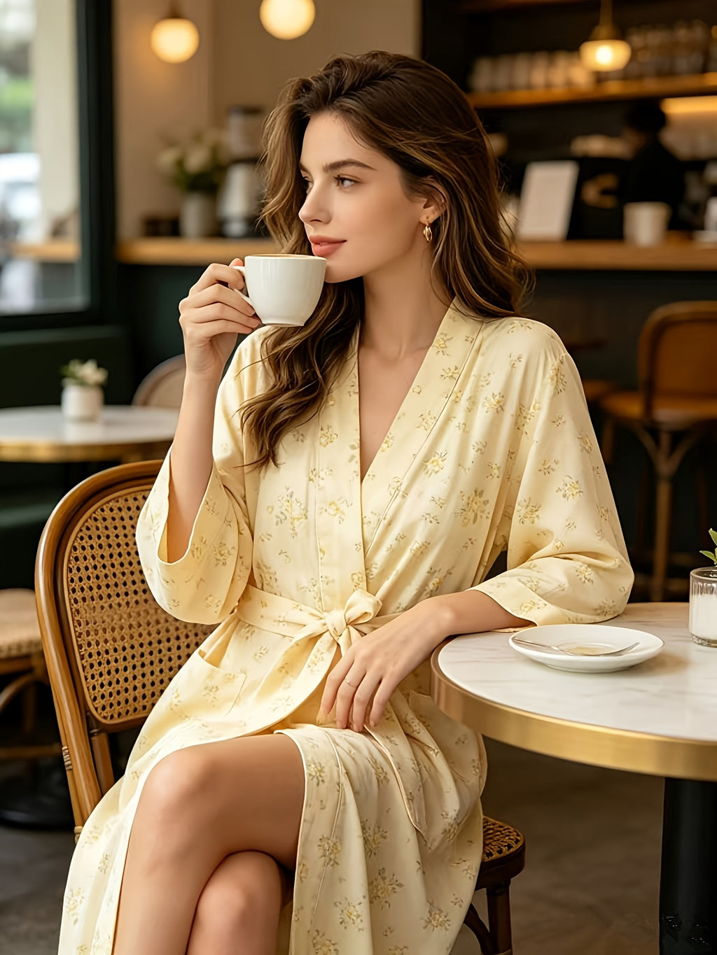 Women's cream jacquard kimono dressing gown
