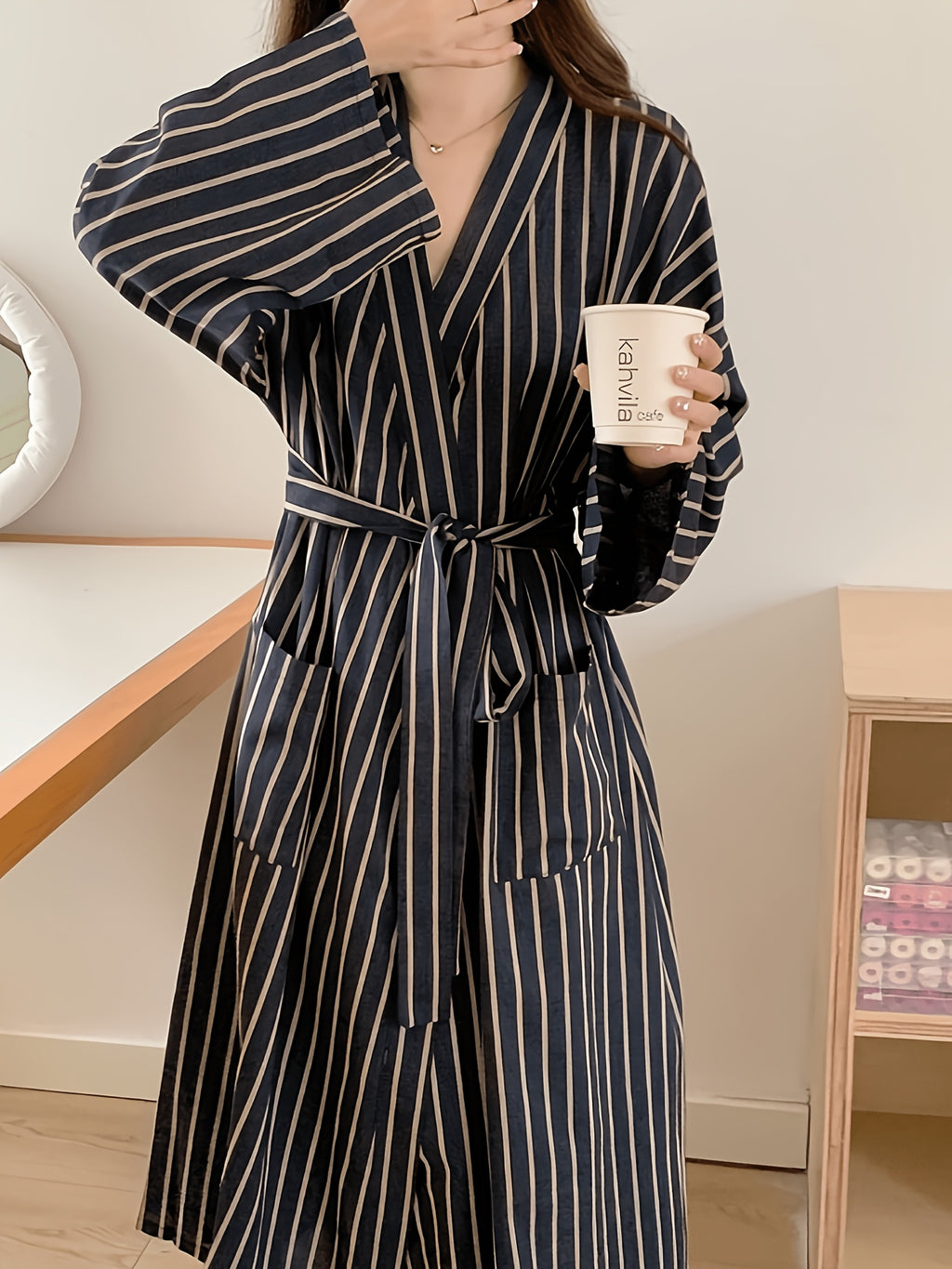 Women's navy striped satin dressing gown