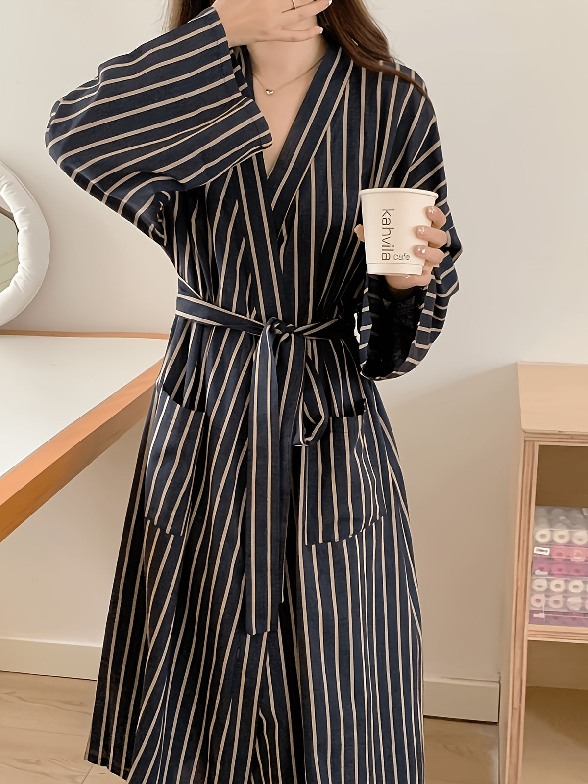 Women's navy striped satin dressing gown