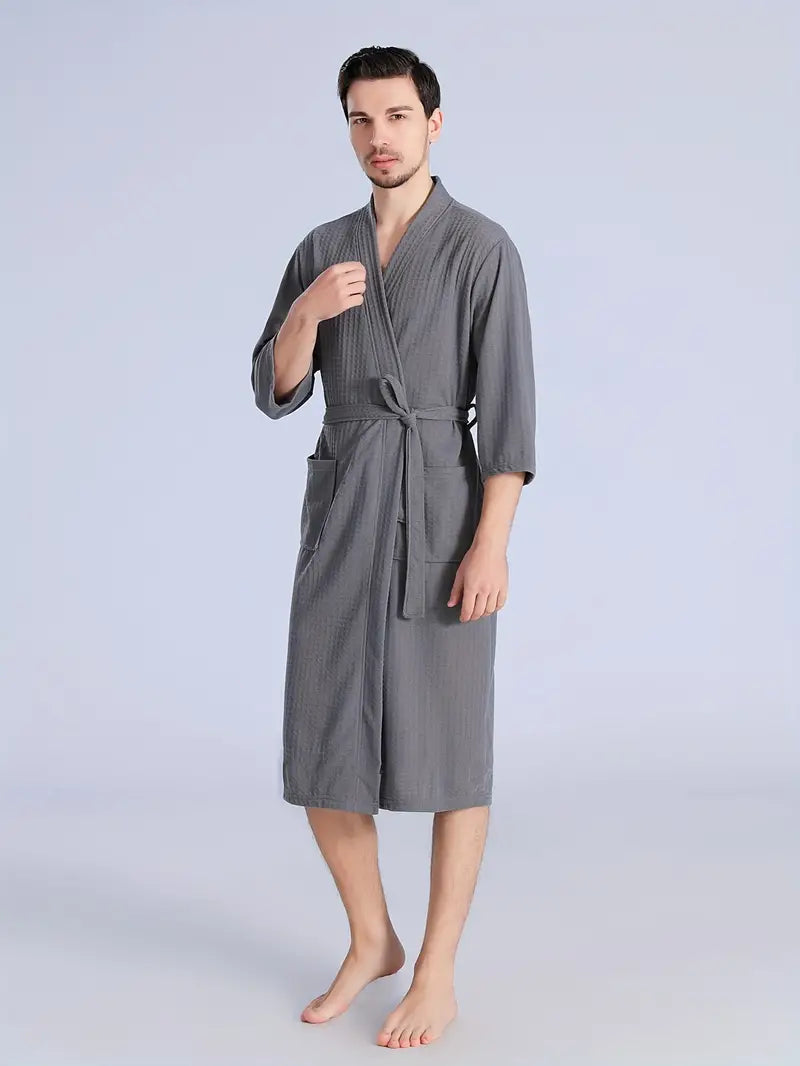Men's short waffle bathrobe — Grey