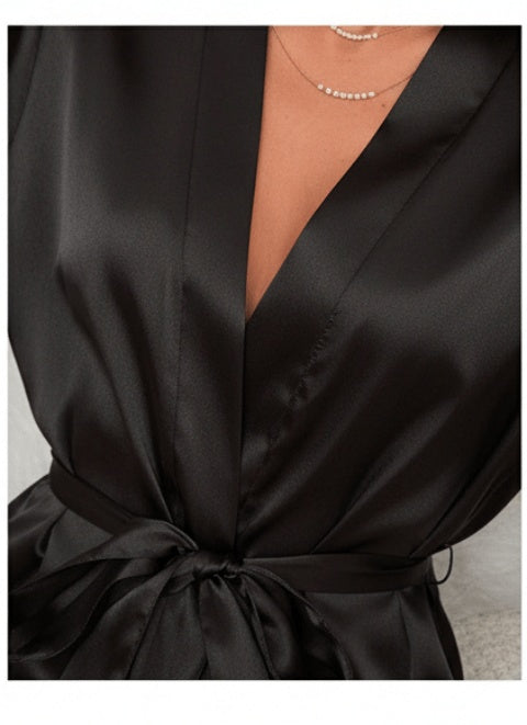 Women's satin dressing gown with lace trim