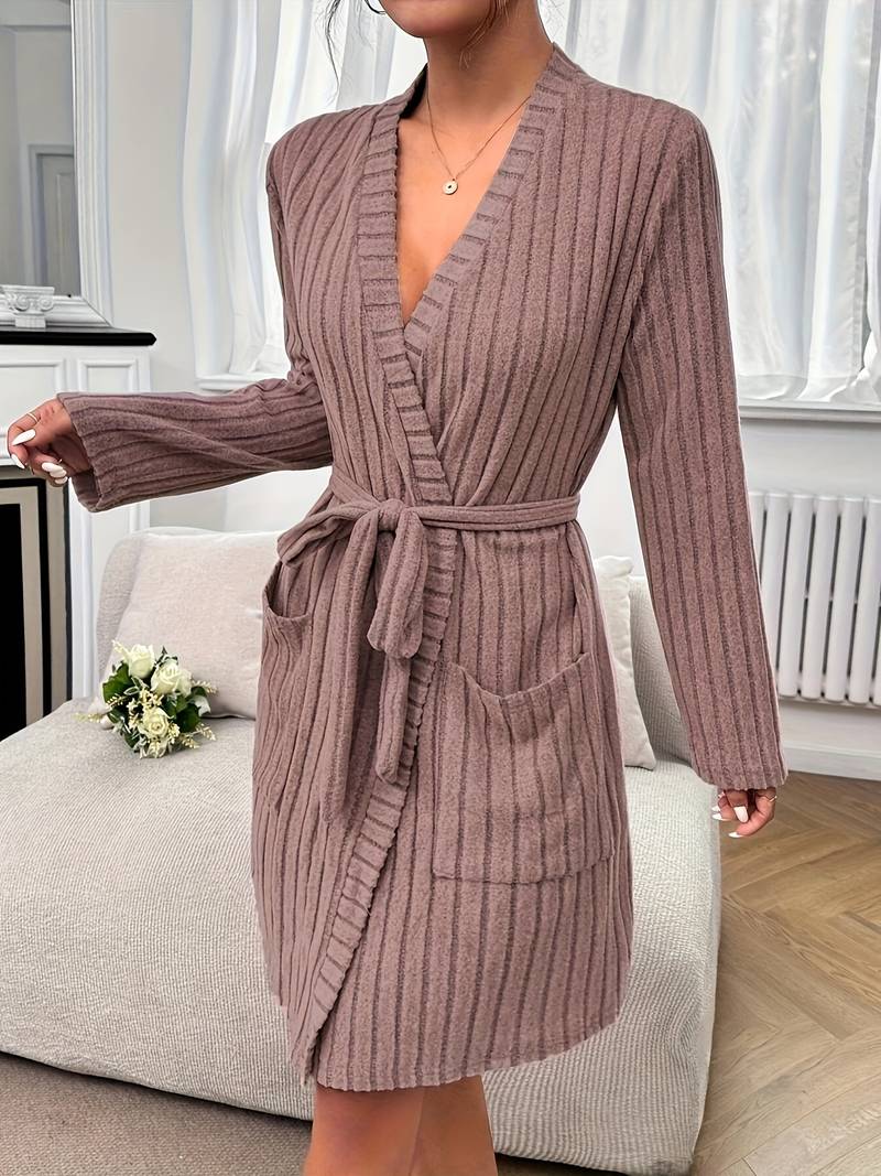 Women's short brown towelling bathrobe