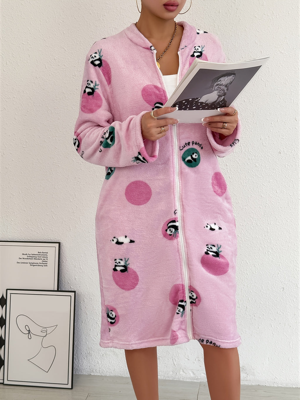 Women's pink patterned flannel zip-up dressing gown
