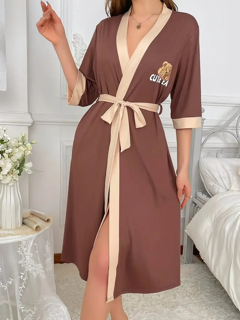 Women's long brown bear print dressing gown — Brown