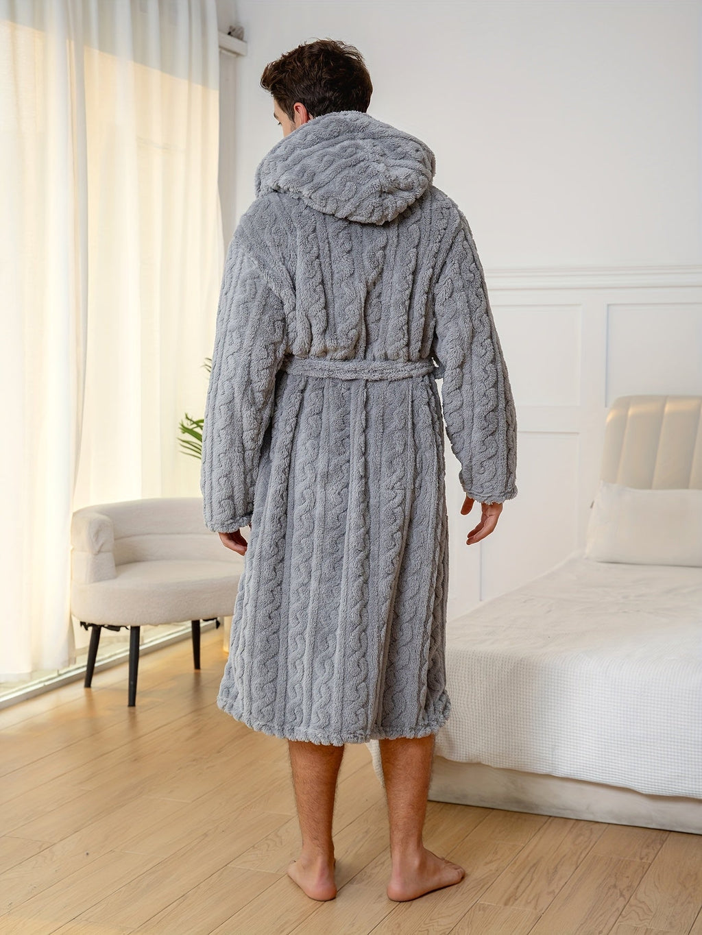 Men's cable-textured hooded towelling bathrobe