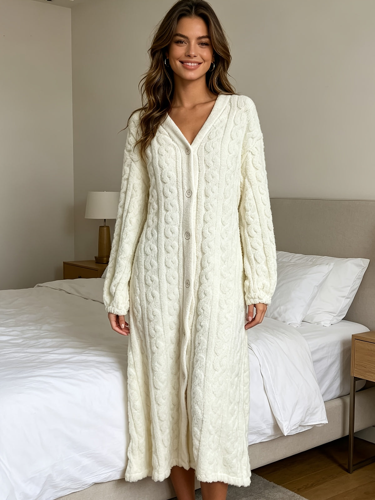 Women's cream cable knit button-up dressing gown