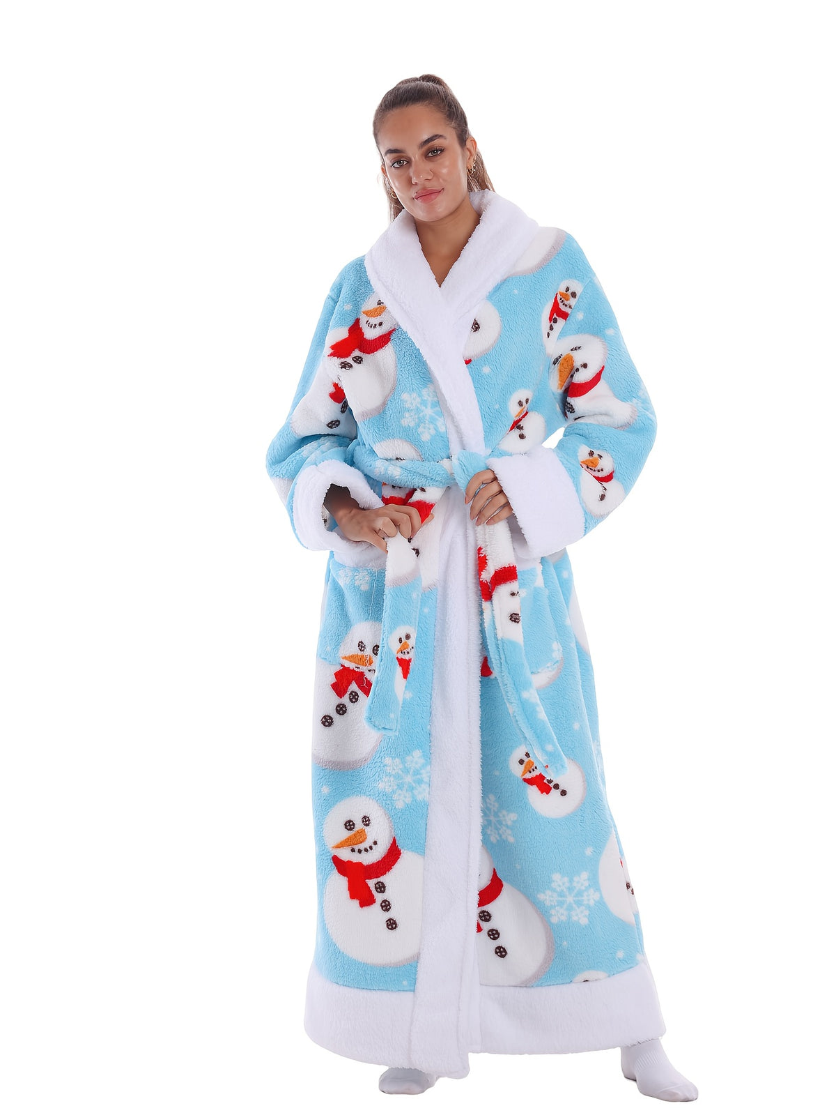 Women's blue snowman print fleece dressing gown