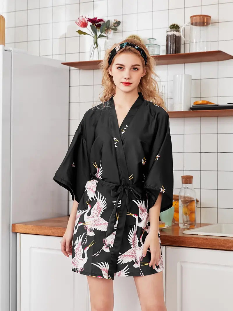 Women's short crane print kimono robe — Black