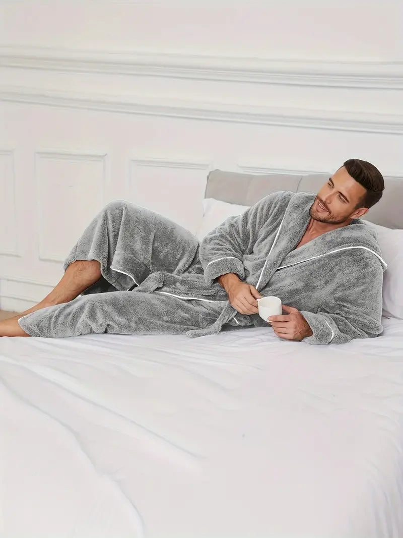 Men's thick hooded fleece bathrobe