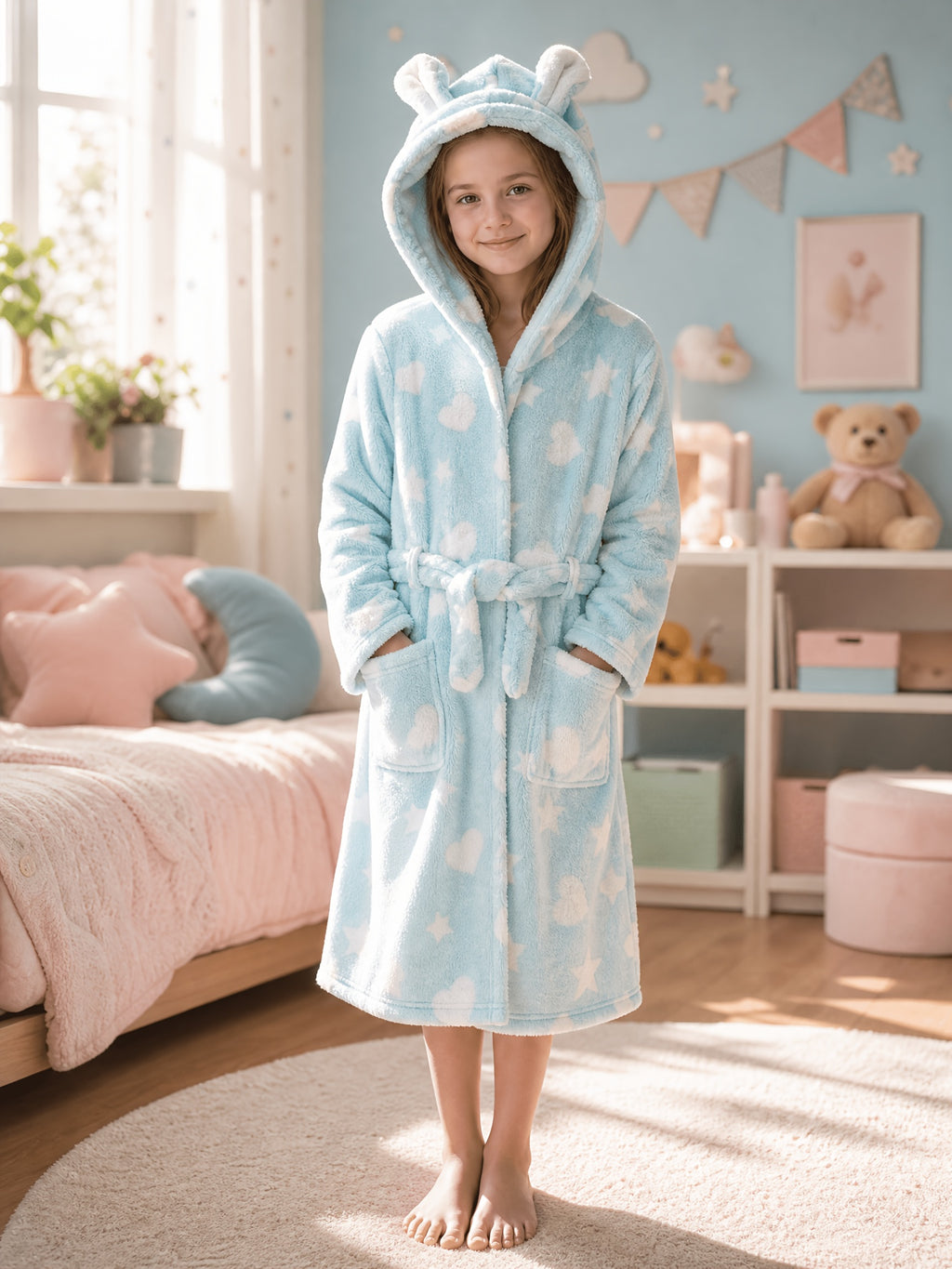 Girls' grey heart print hooded fleece dressing gown