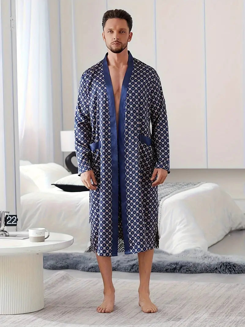 Men's long navy satin dressing gown