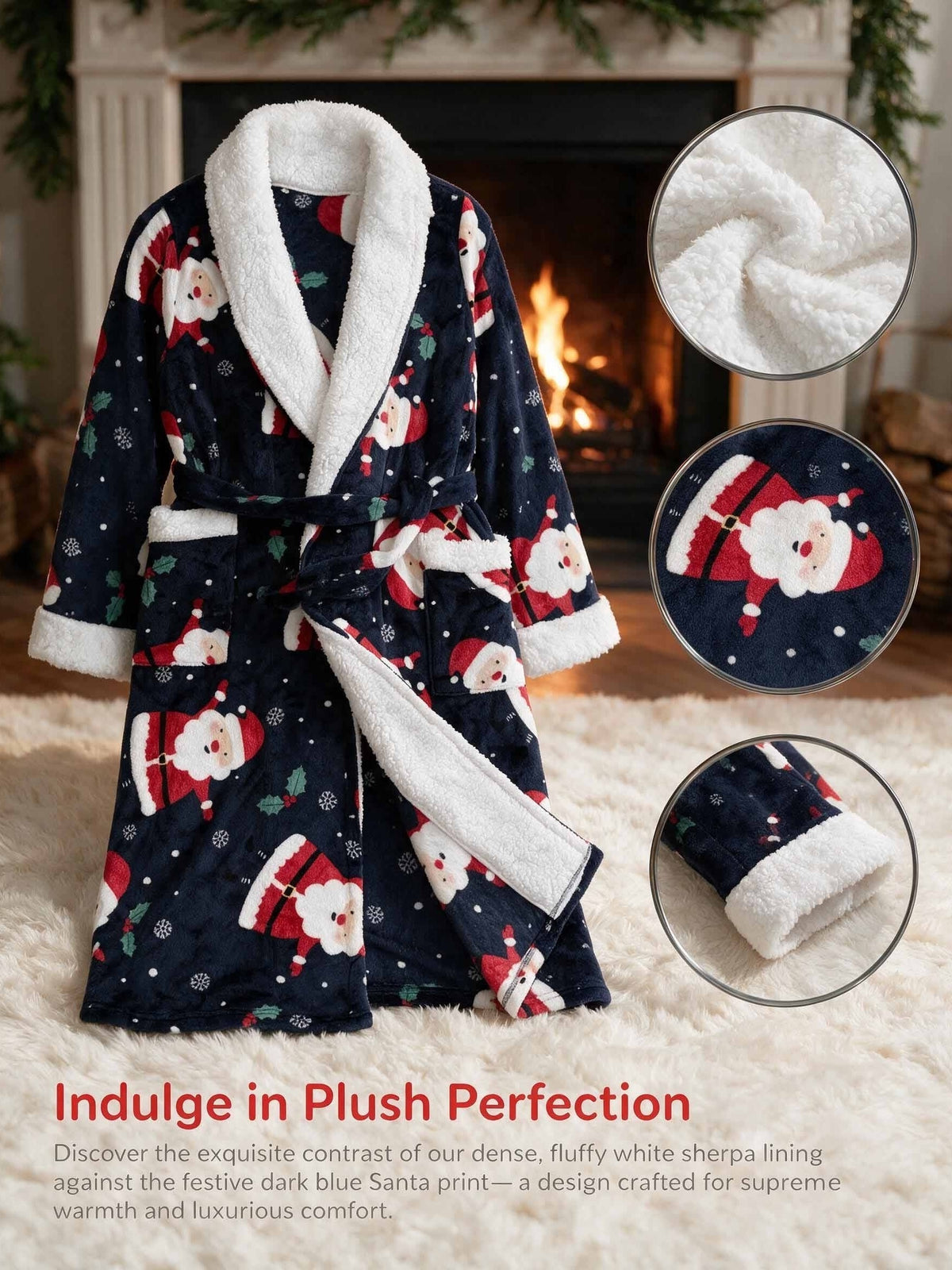 Women's navy Santa print fleece dressing gown