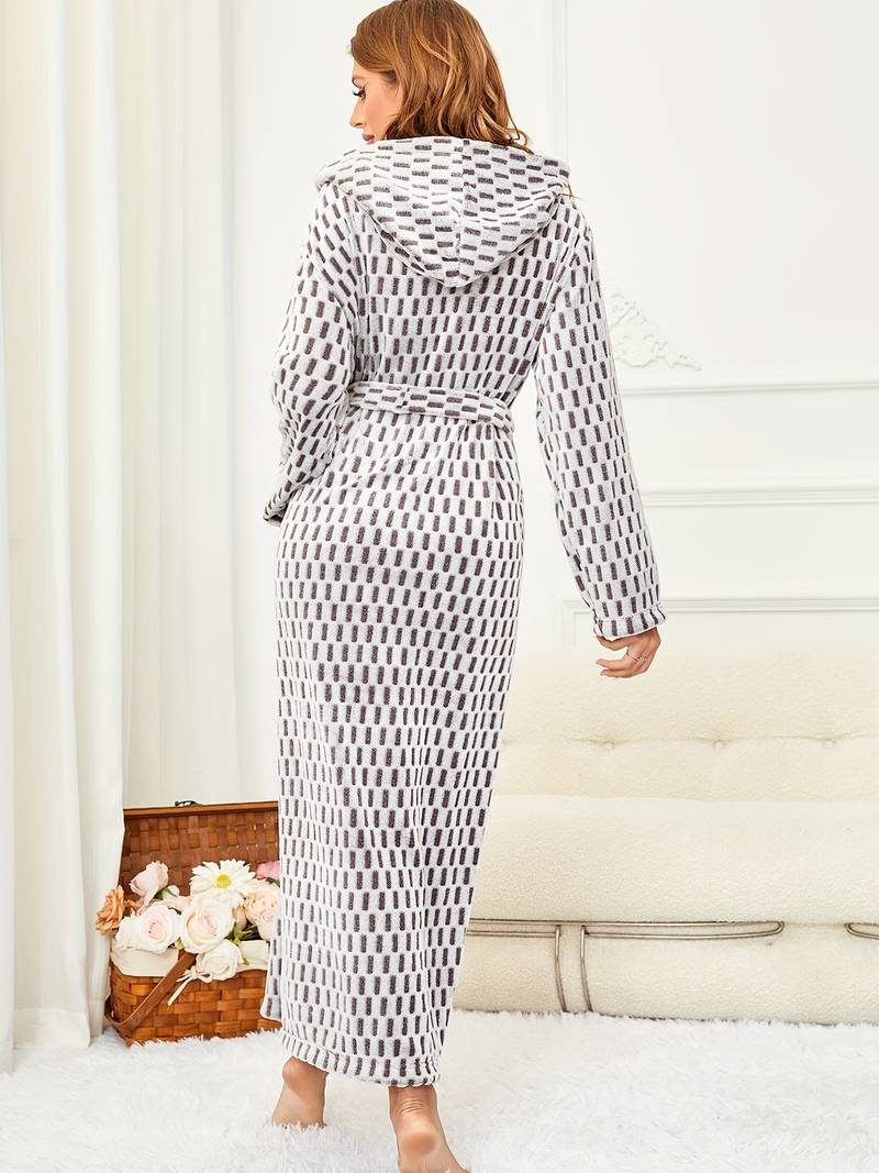 Women's long geometric print hooded bathrobe