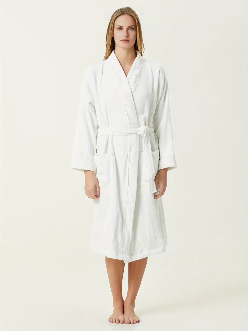 Women's long plain towelling bathrobe — White