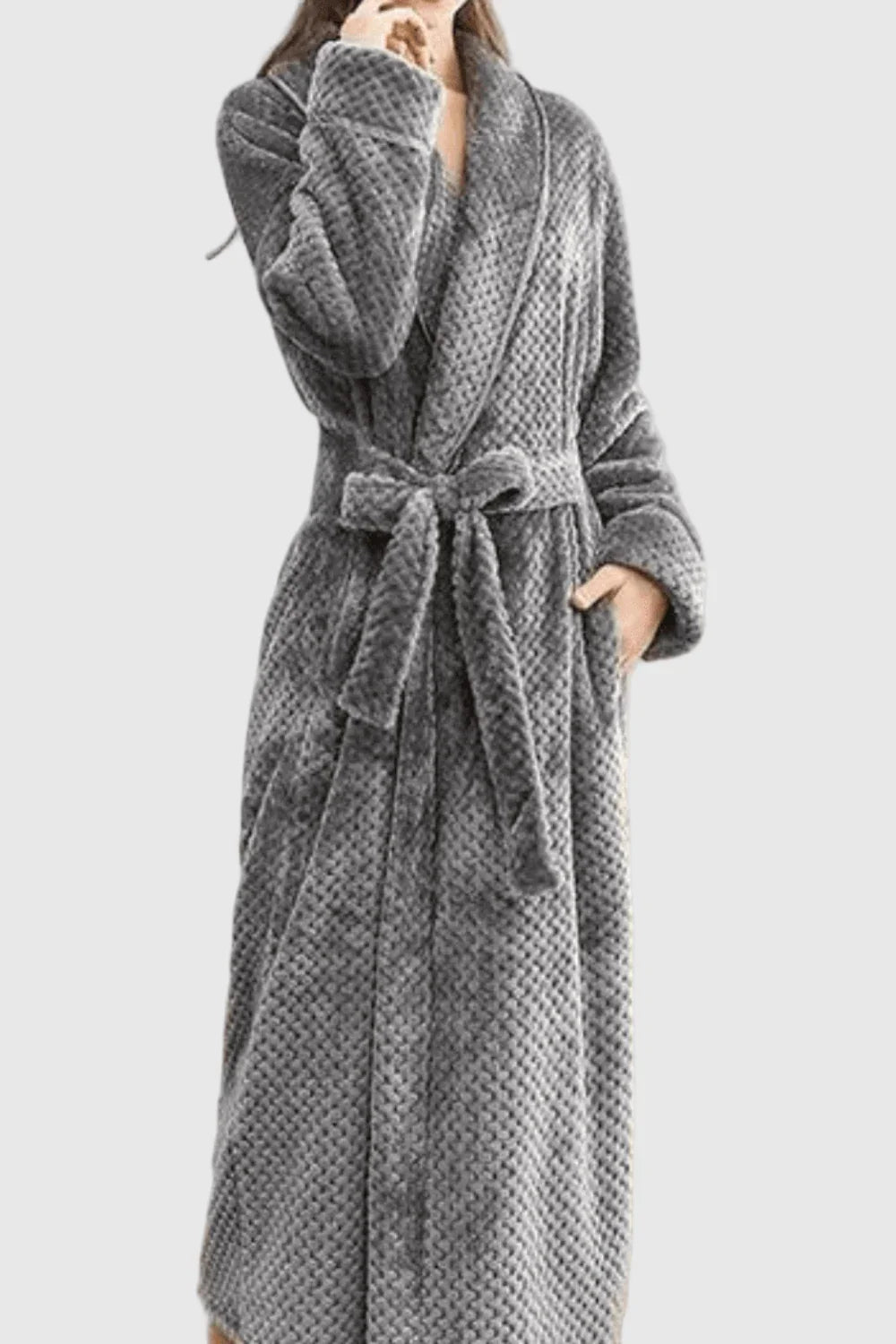 Women's long grey fleece dressing gown