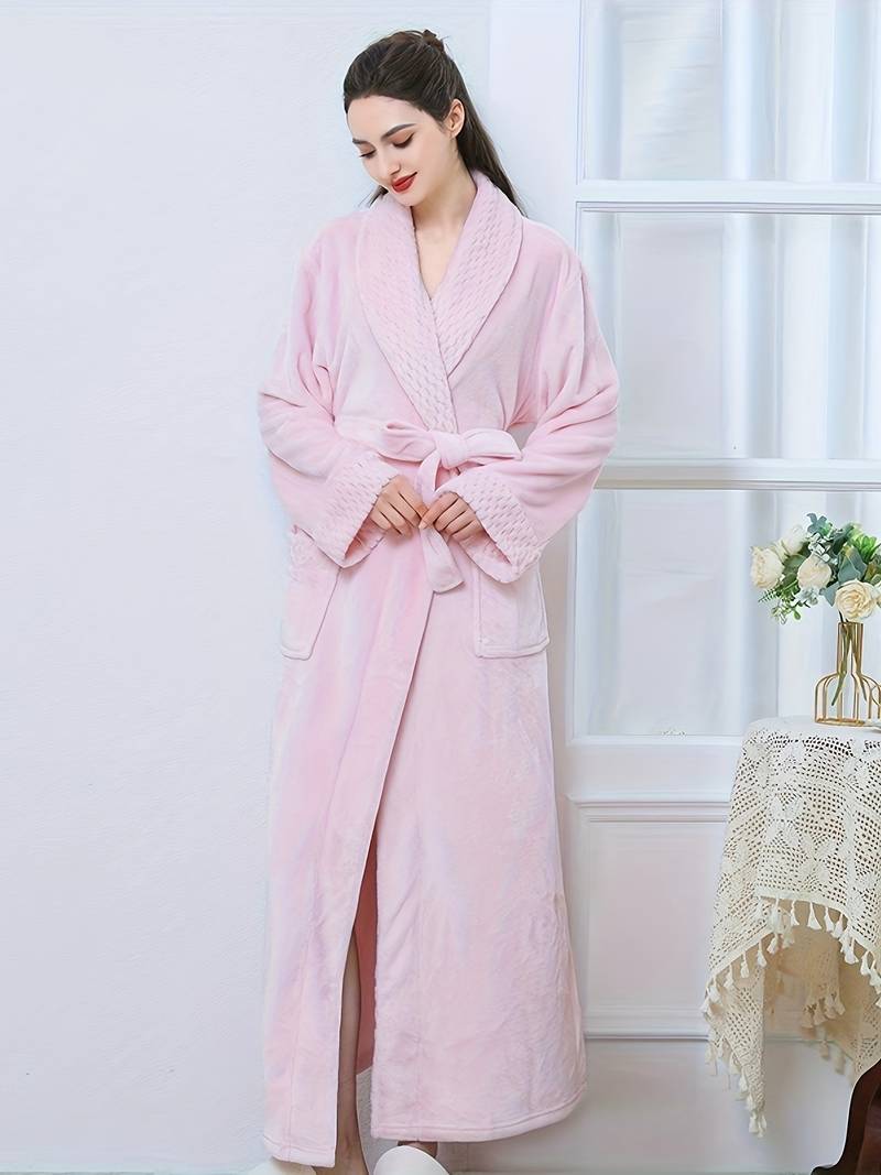 Women's long fleece dressing gown, plain — Pink