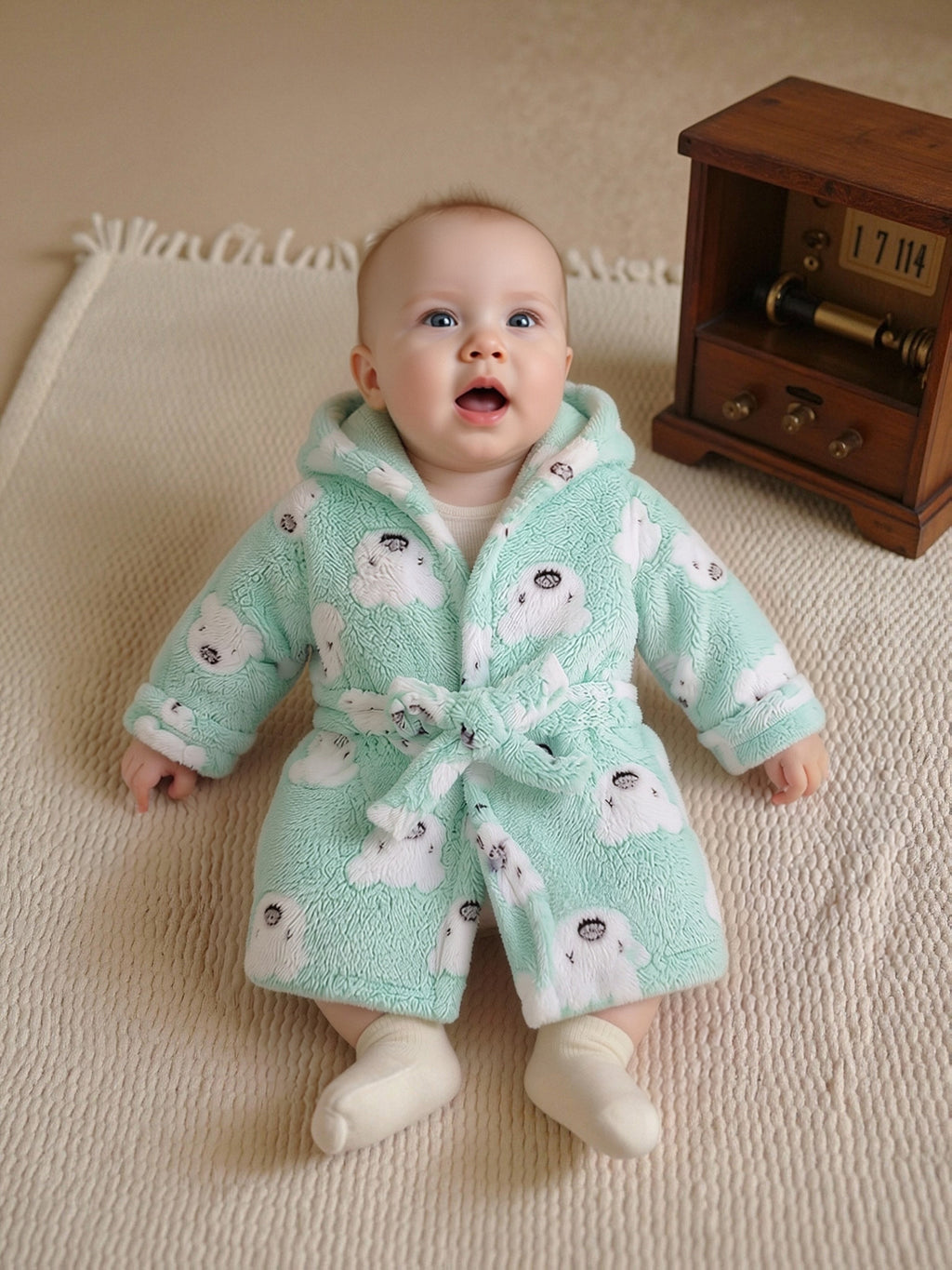 Baby blue hooded fleece bathrobe