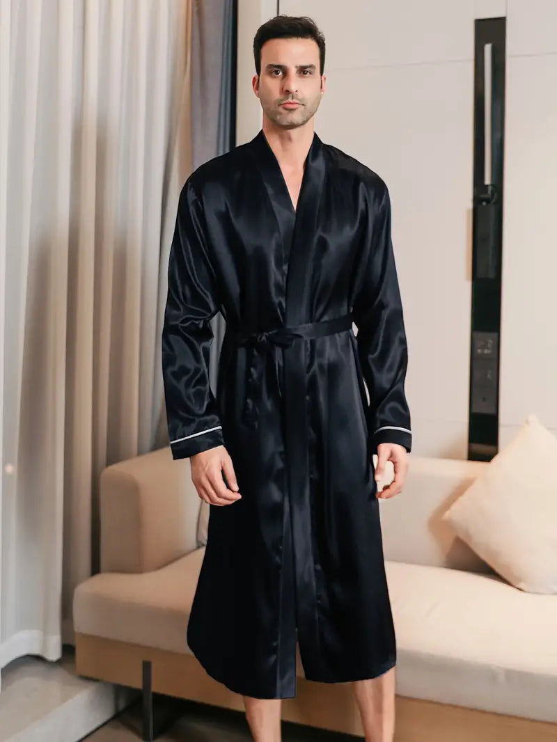 Men's long satin dressing gown — Black