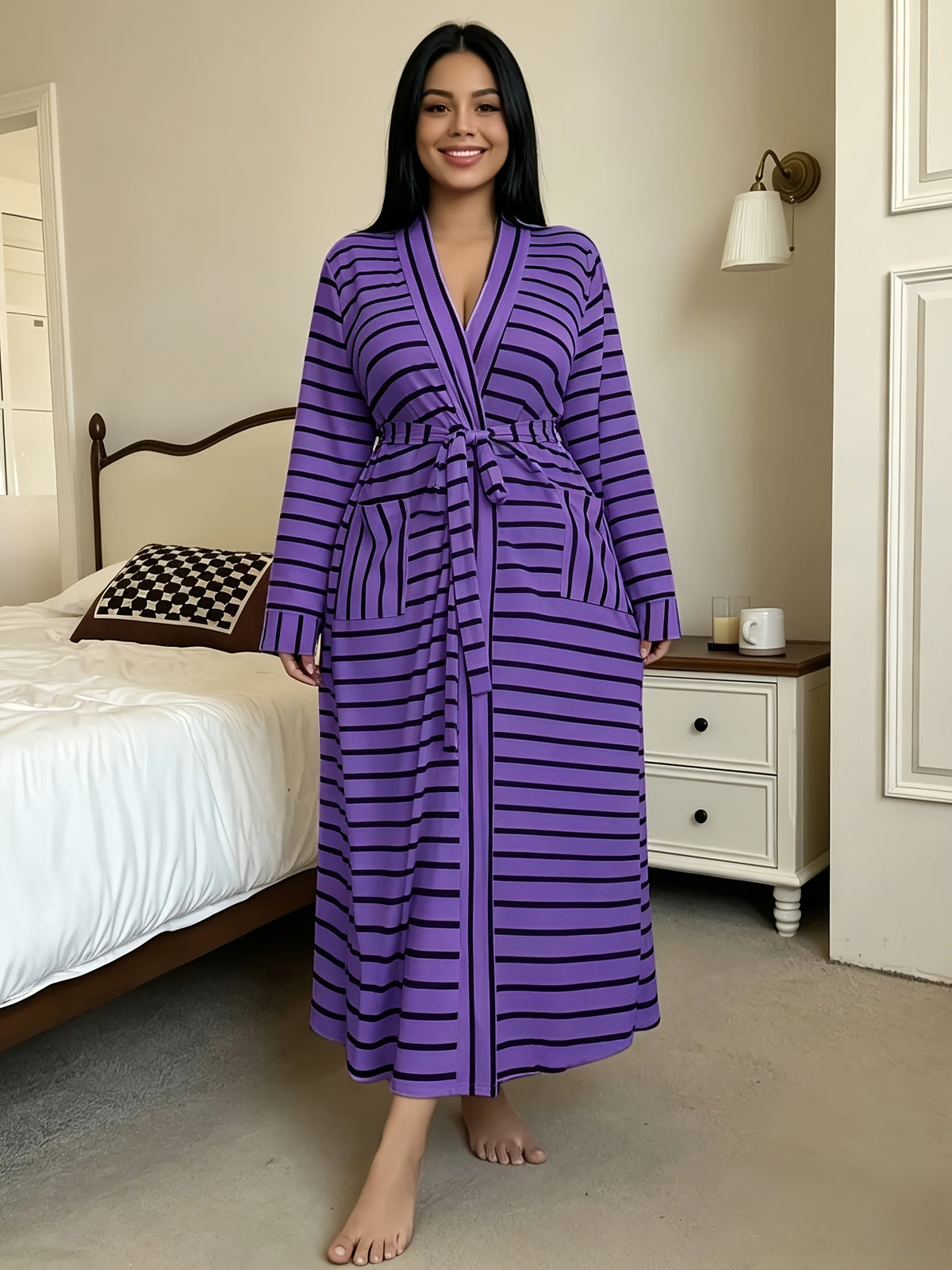 Women's plus size striped dressing gown