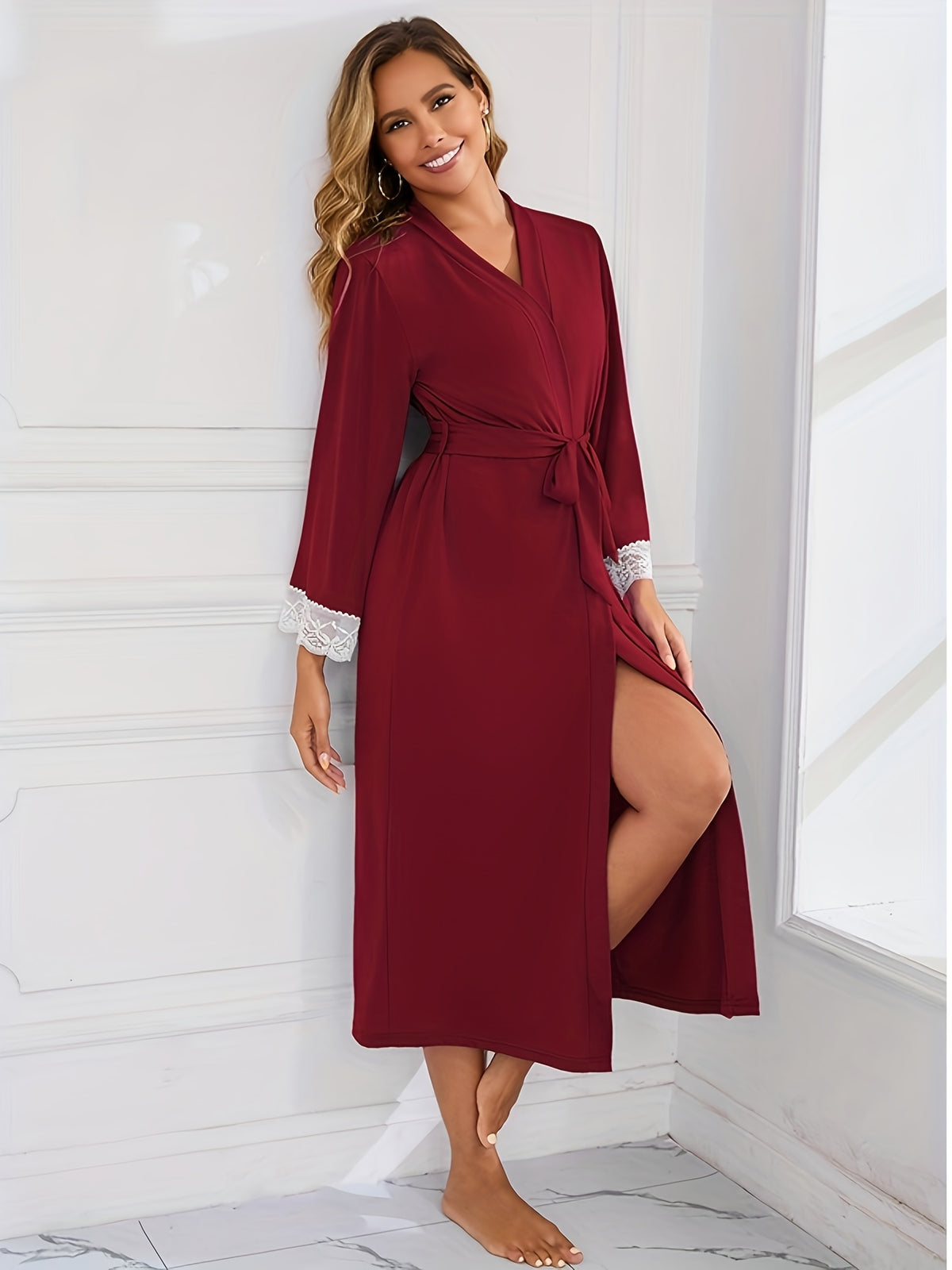Women's burgundy long dressing gown