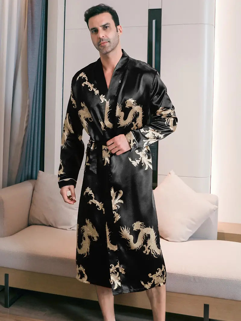 Men's black and red dragon kimono robe — Black