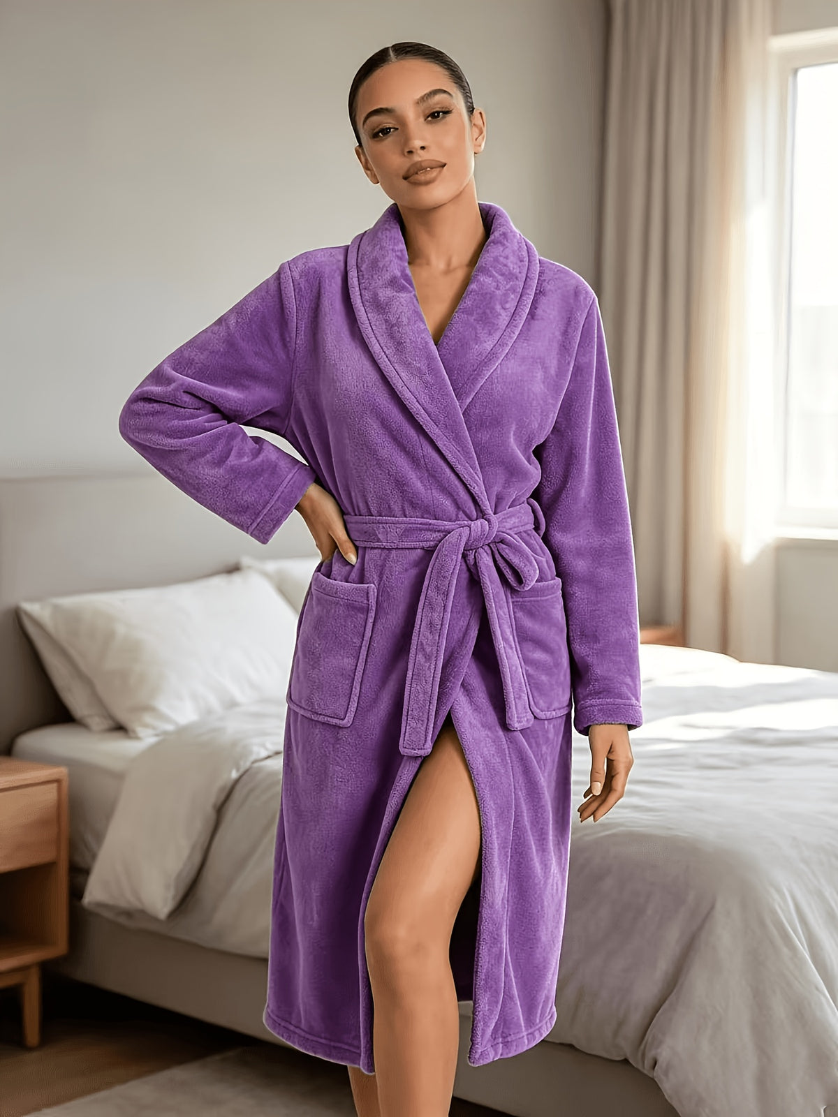 Women's pink flannel dressing gown with pockets