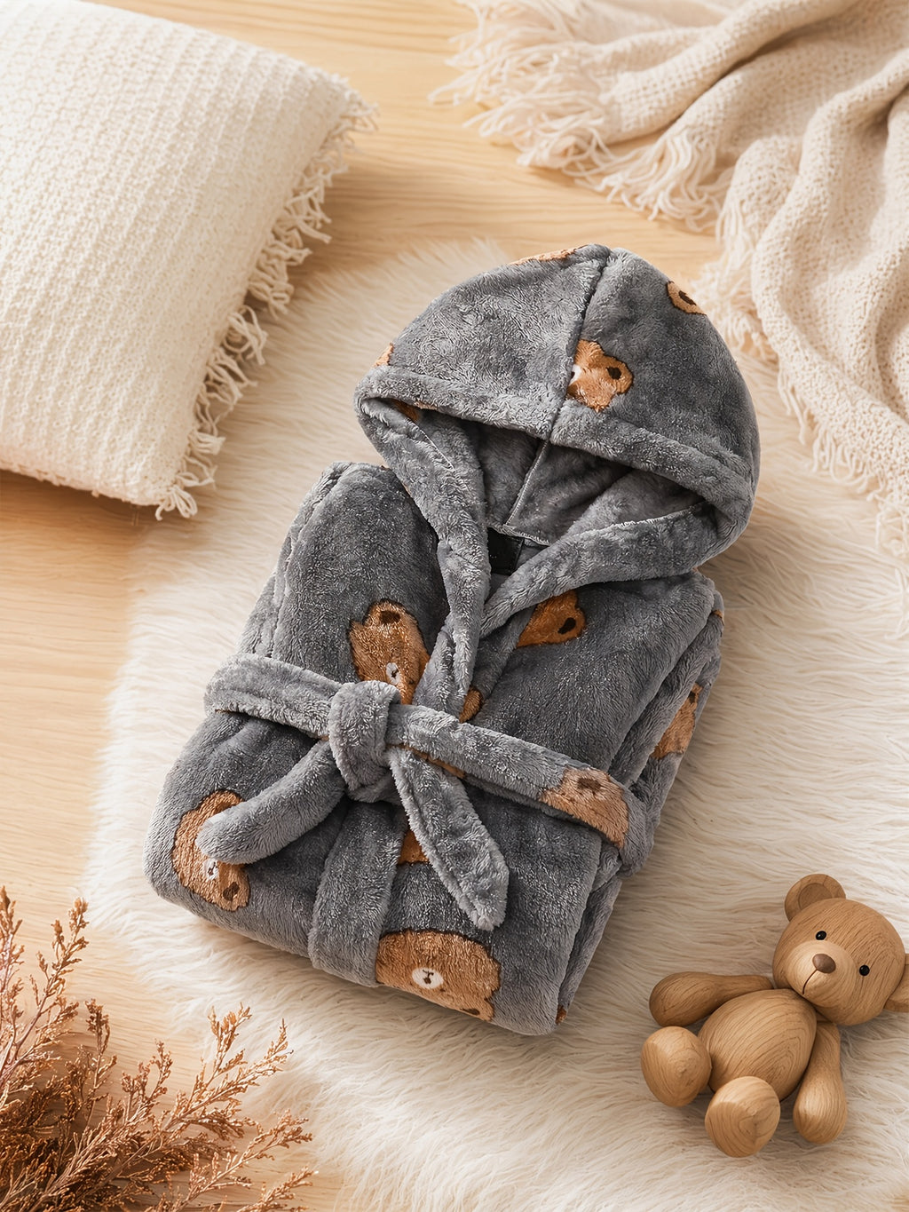 Baby grey long hooded bathrobe