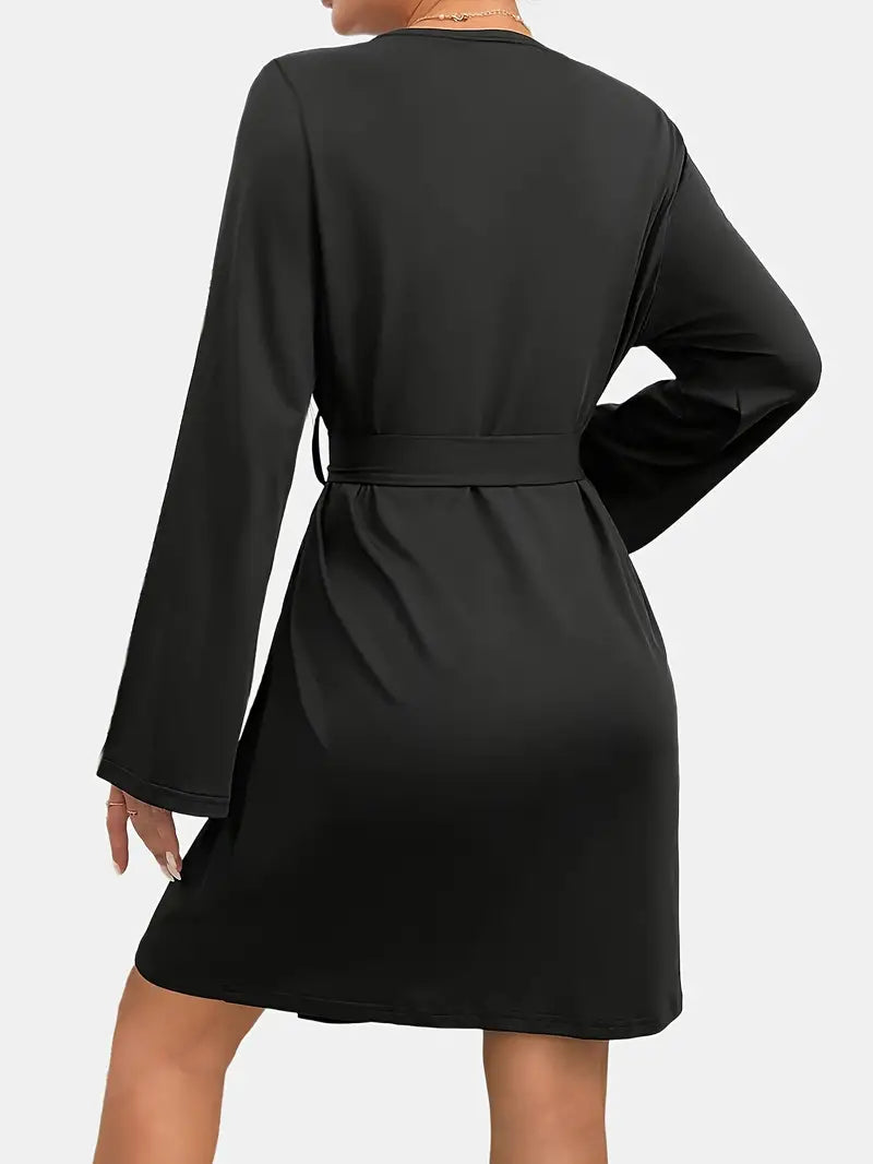 Women's short black satin dressing gown, plus size