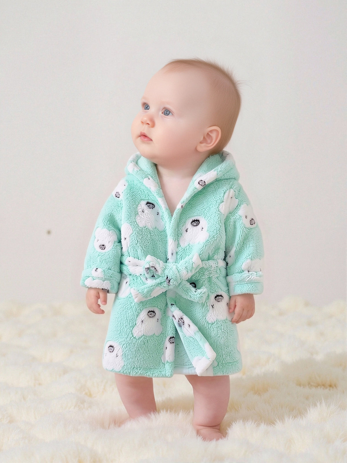 Baby blue hooded fleece bathrobe