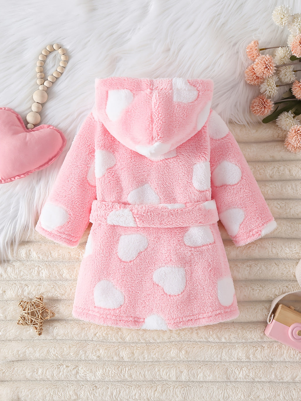 Newborn pink long hooded fluffy fleece dressing gown