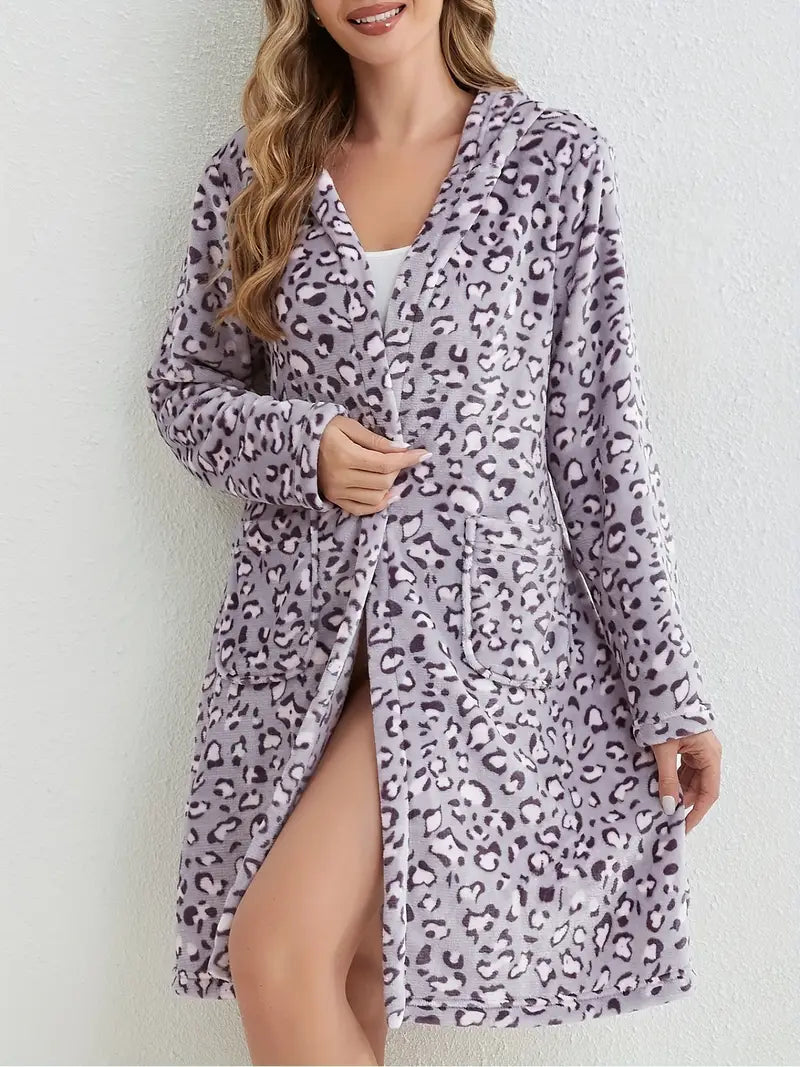 Women's short hooded towelling bathrobe
