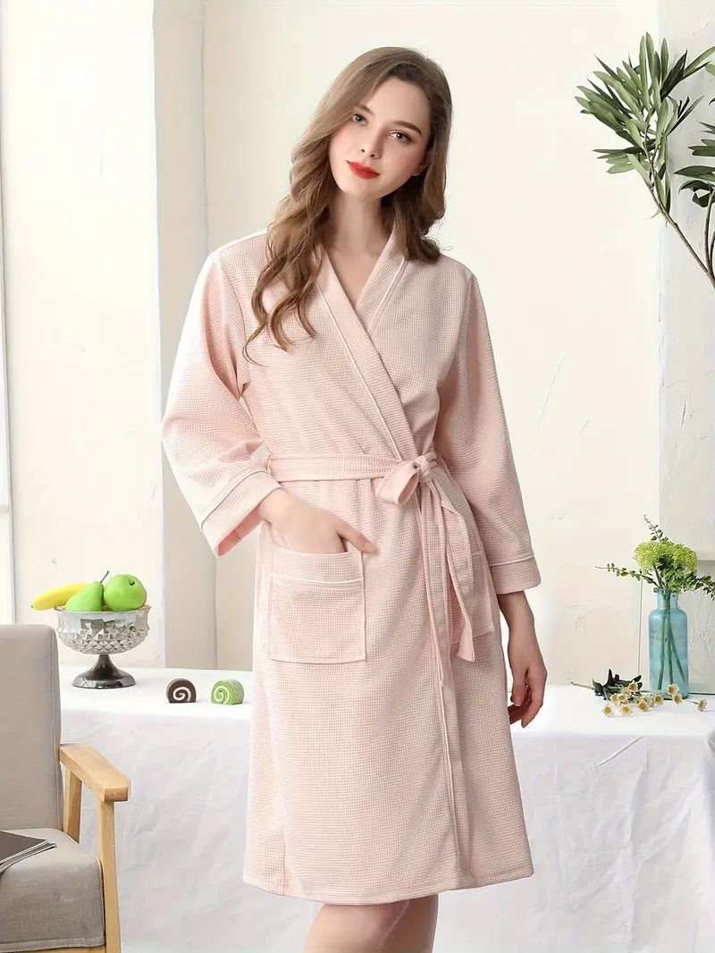 Women's long waffle bathrobe