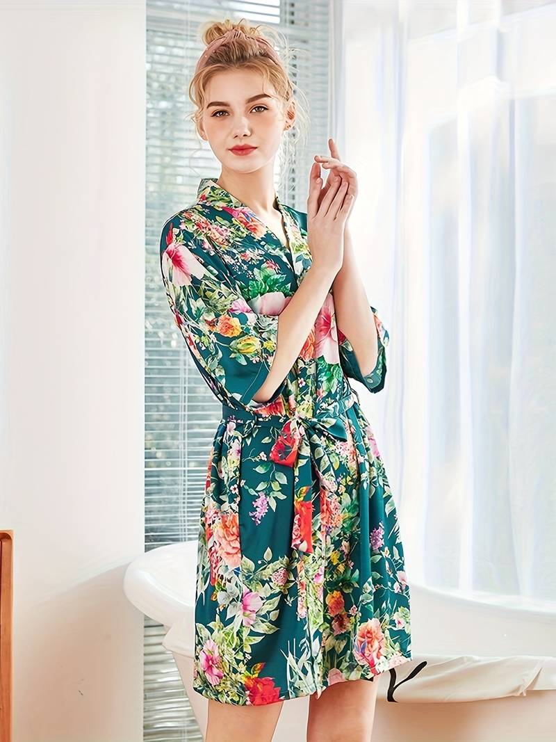 Peignoir Kimono Floral Élégant — coloris vert
